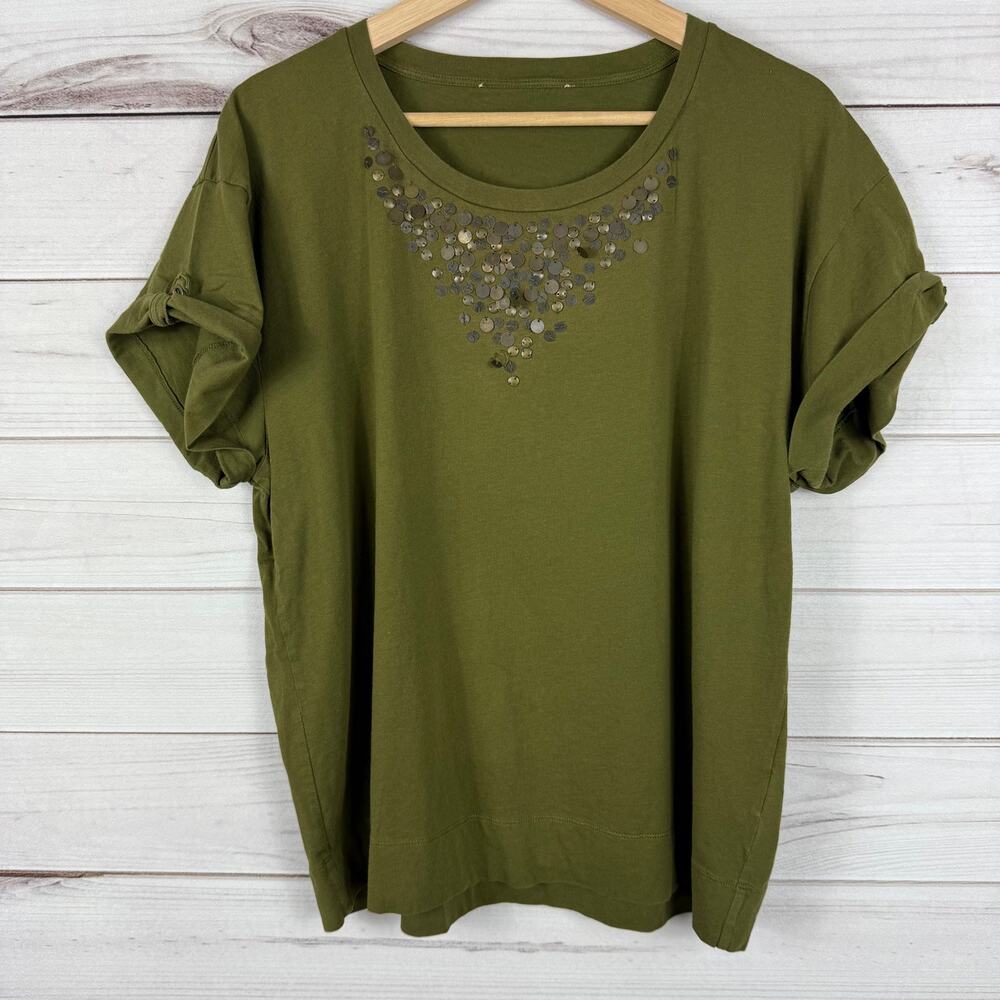 Women's V Neck Embellished Green Short Sleeve Top‎ Size Large Unbranded